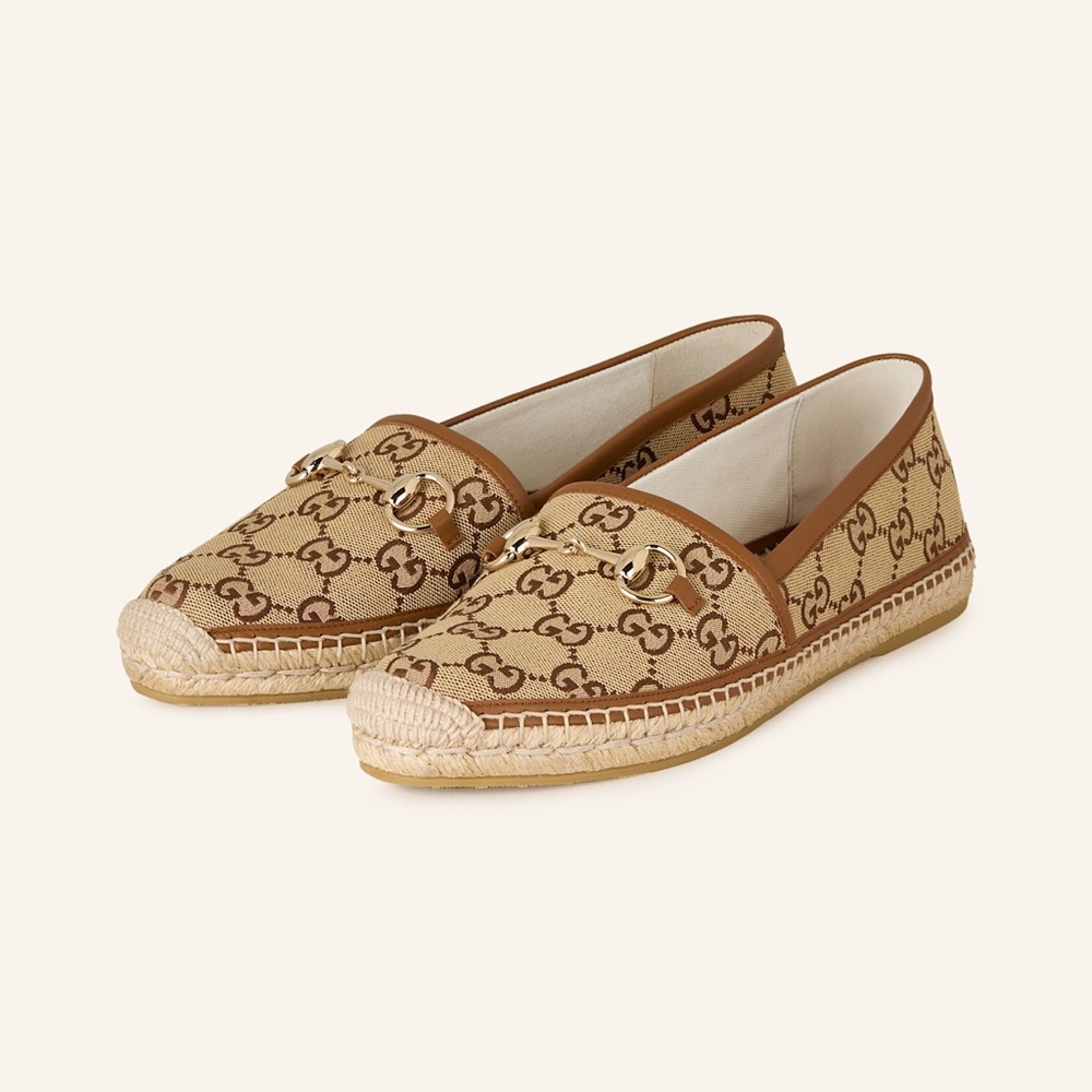 Gucci Beige & Brown GG Canvas Espadrille Loafers with Horsebit